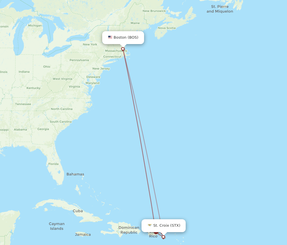 All flight routes from Boston to Saint Croix, BOS to STX Flight Routes