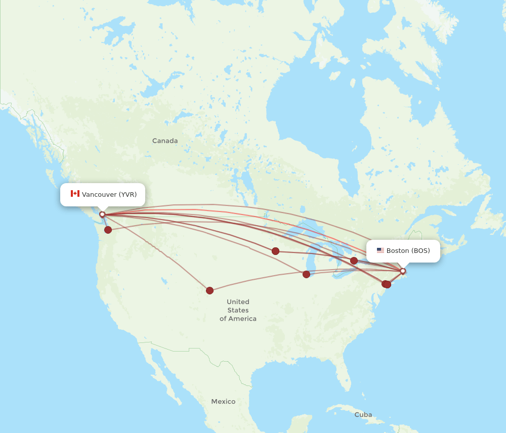 All flight routes from Boston to Vancouver, BOS to YVR Flight Routes