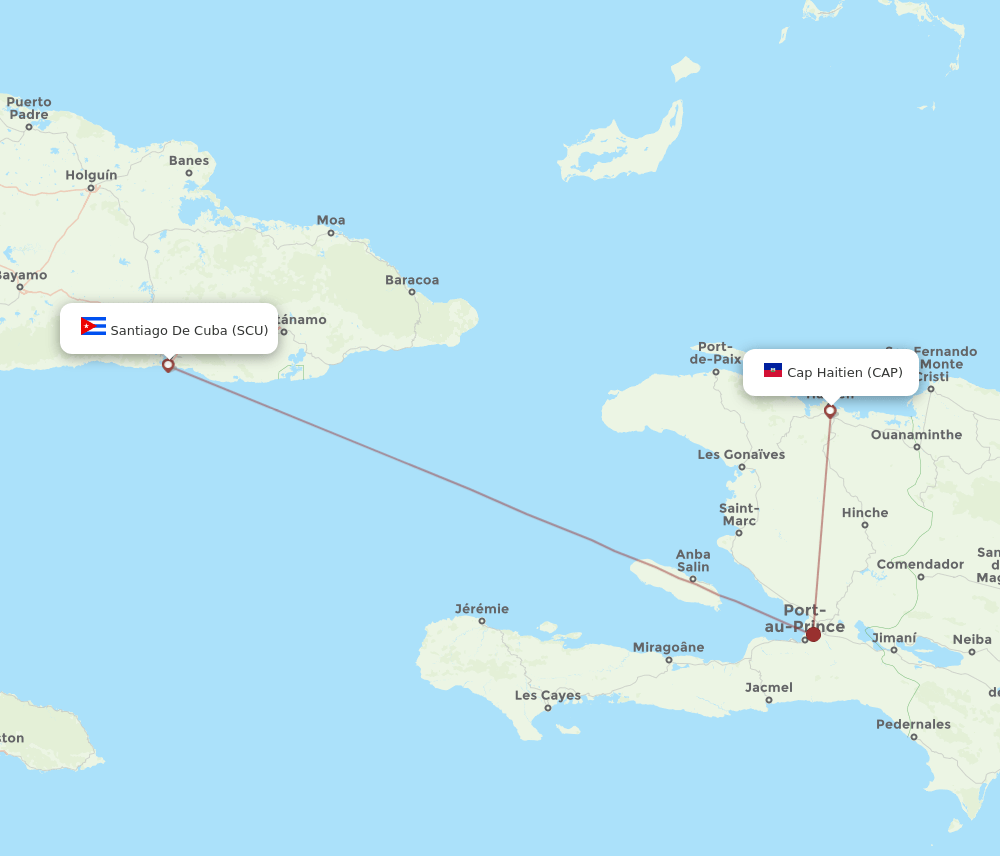 All flight routes from Santiago to Cap Haitien, SCU to CAP Flight Routes