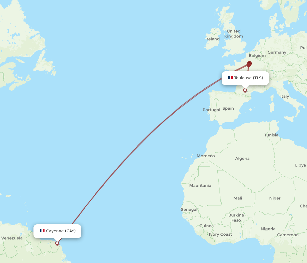 All flight routes from Cayenne to Toulouse, CAY to TLS Flight Routes