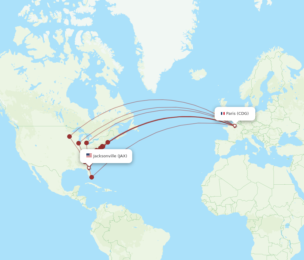 All flight routes from Paris to Jacksonville, CDG to JAX Flight Routes