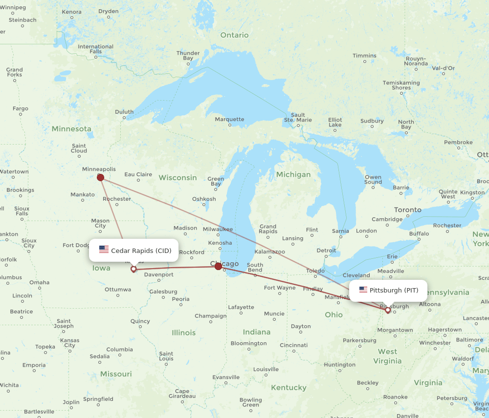 Flights from Cedar Rapids to Pittsburgh, CID to PIT Flight Routes