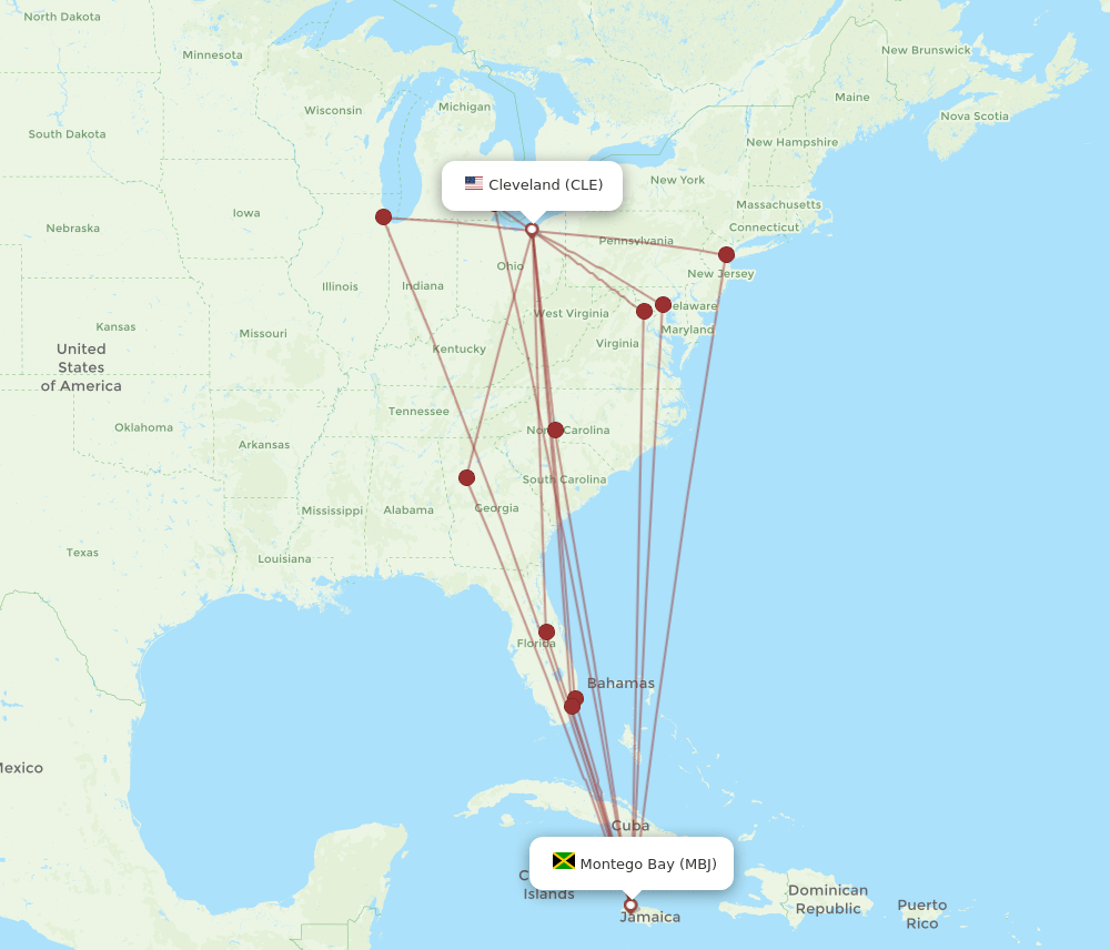 All flight routes from Cleveland to Montego Bay, CLE to MBJ Flight Routes