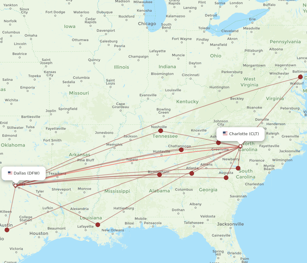 All flight routes from Charlotte to Dallas, CLT to DFW Flight Routes