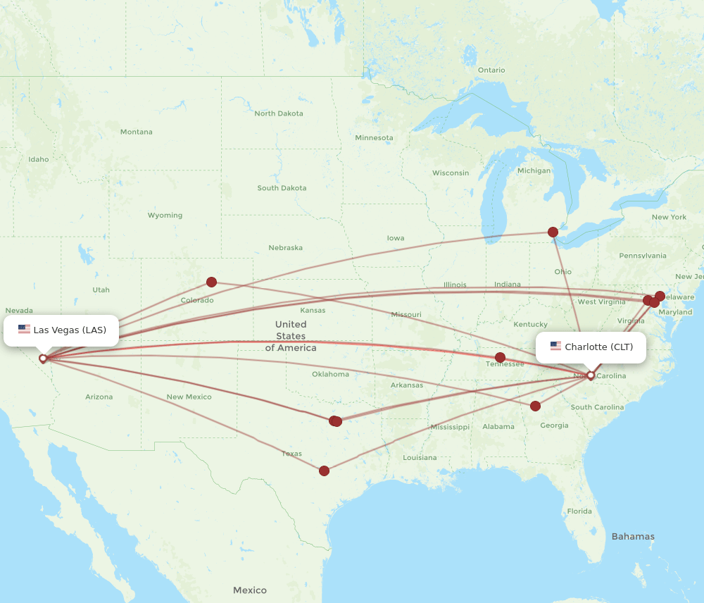 All flight routes from Charlotte to Las Vegas, CLT to LAS Flight Routes