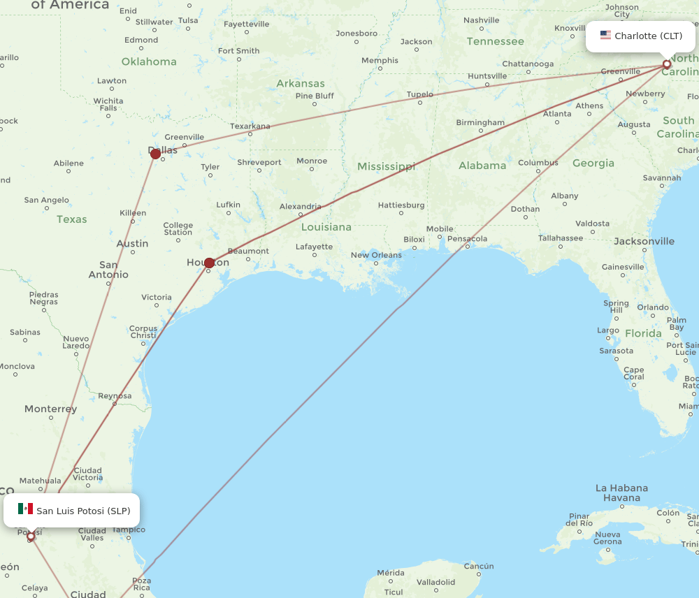 Flights from Charlotte to San Luis Potosi, CLT to SLP Flight Routes