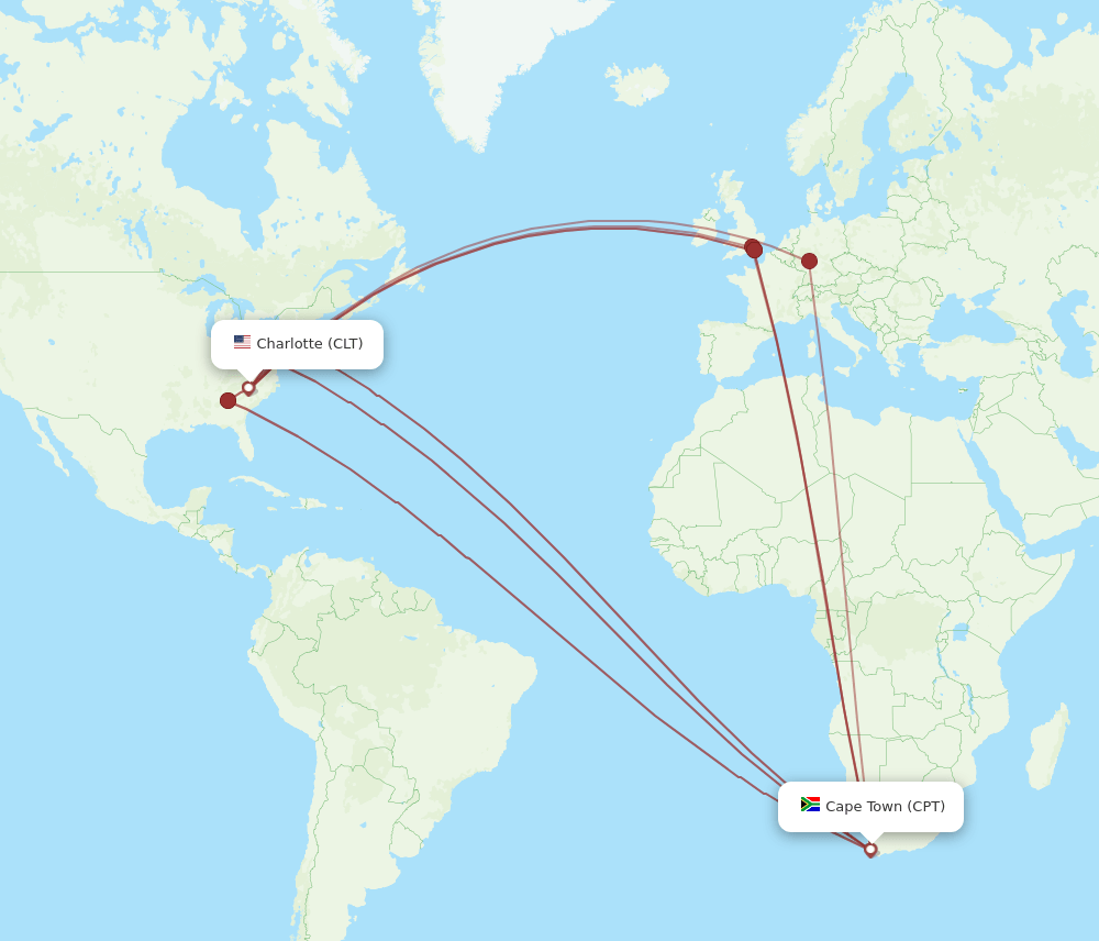 All flight routes from Cape Town to Charlotte, CPT to CLT Flight Routes