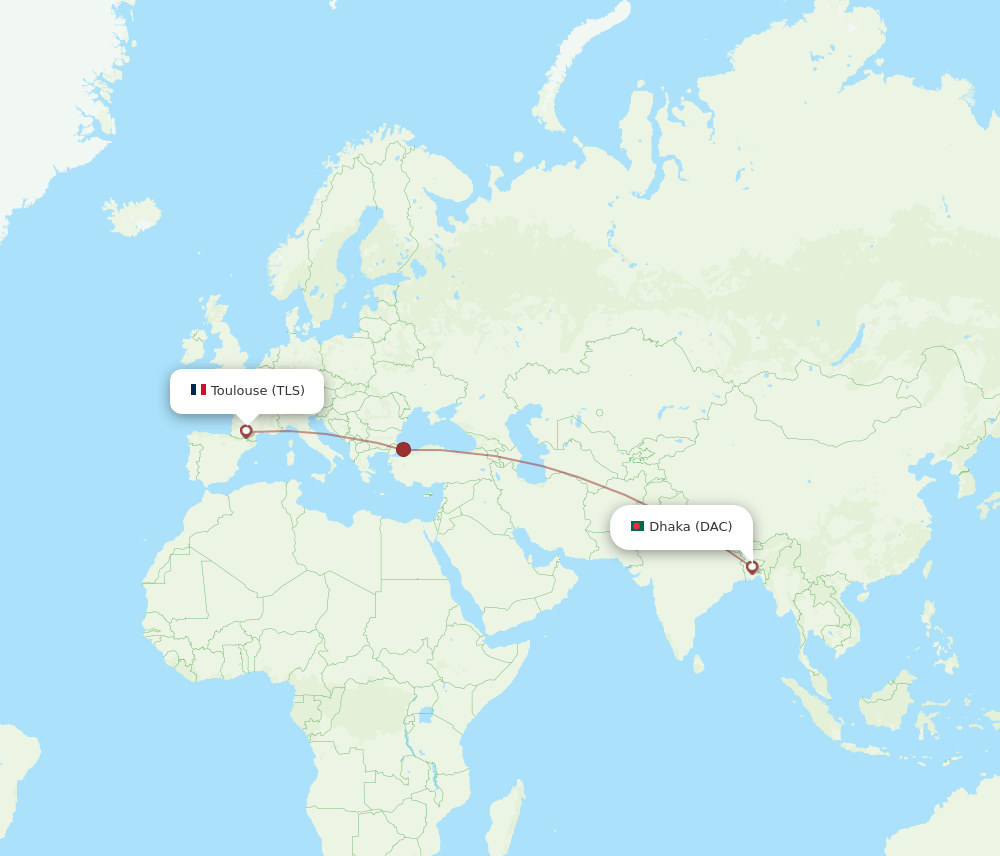 All flight routes from Dhaka to Toulouse, DAC to TLS Flight Routes