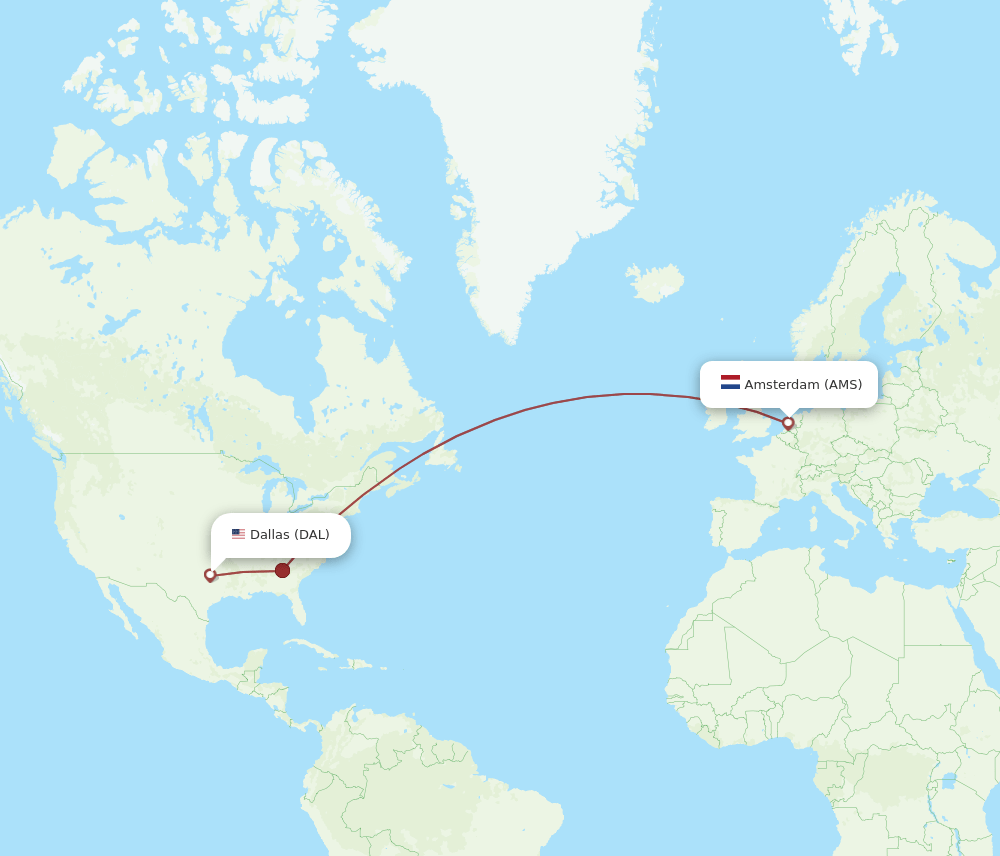 All flight routes from Dallas to Amsterdam, DAL to AMS Flight Routes