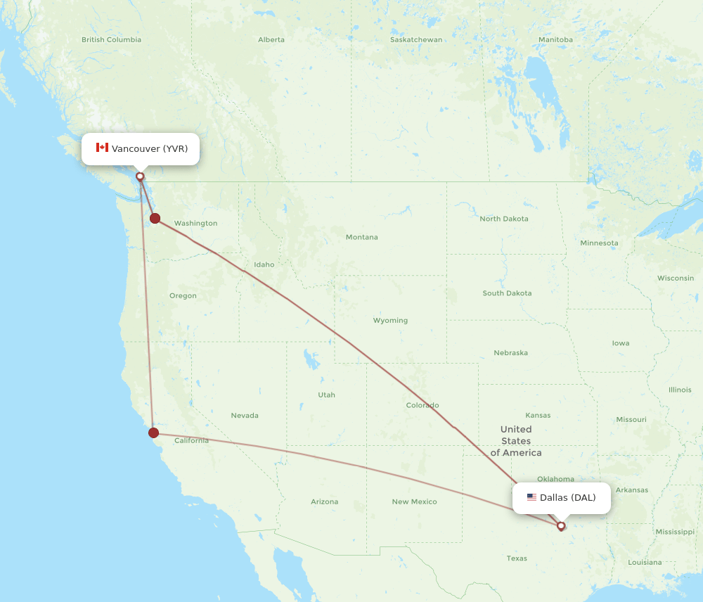 All flight routes from Dallas to Vancouver, DAL to YVR Flight Routes