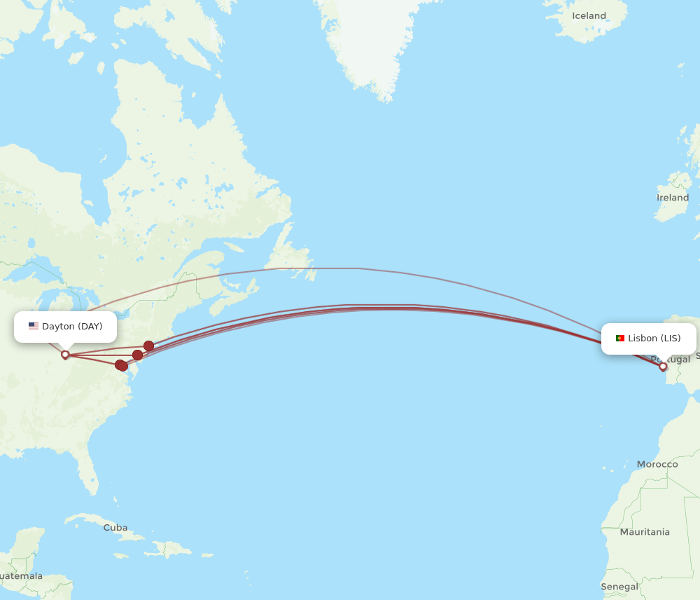 Flights from Dayton to Lisbon, DAY to LIS Flight Routes
