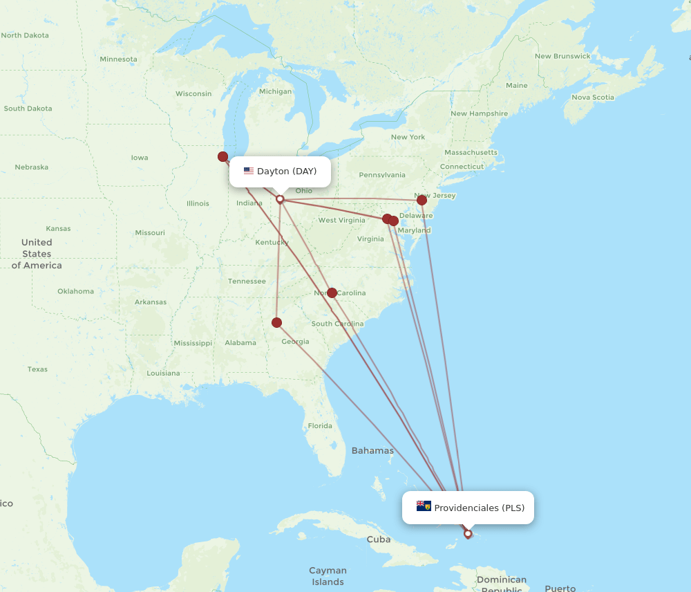 Flights from Dayton to Providenciales, DAY to PLS Flight Routes