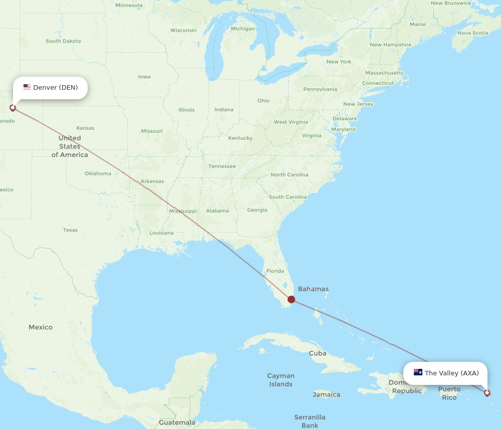 All flight routes from Denver to Anguilla, DEN to AXA Flight Routes