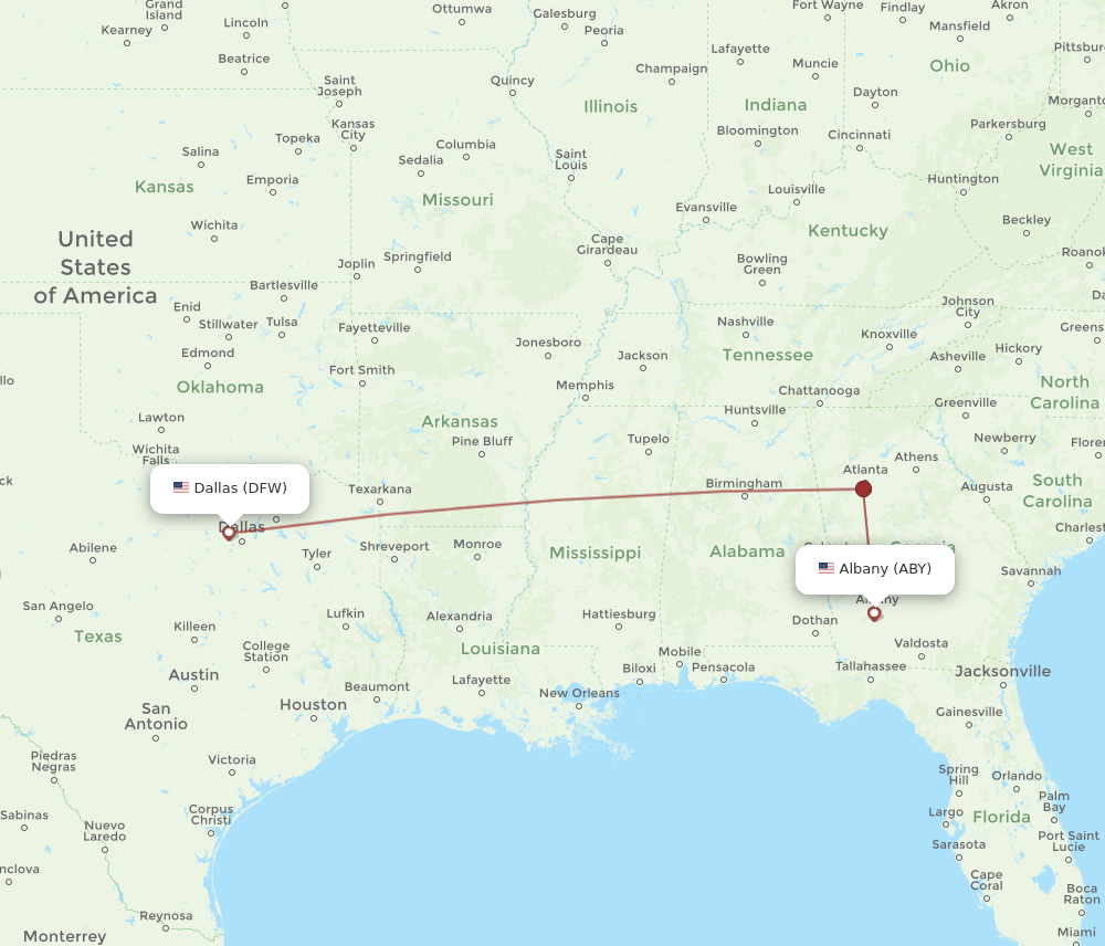 All flight routes from Dallas to Albany, DFW to ABY Flight Routes