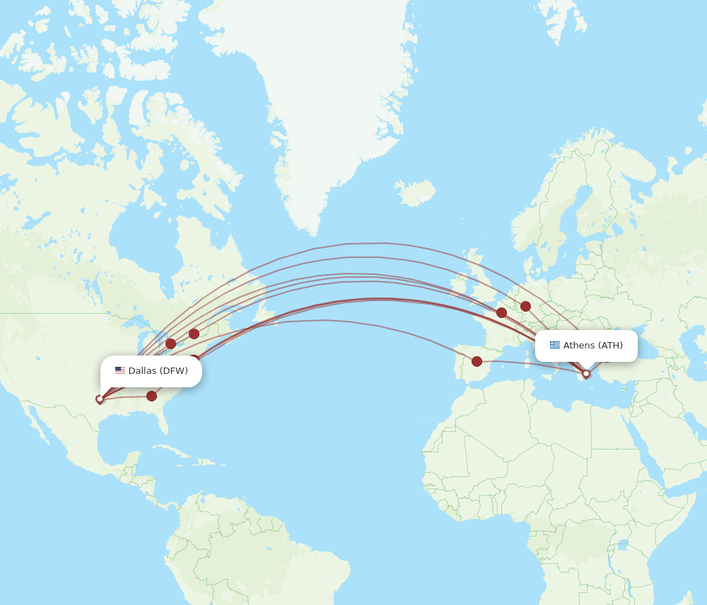 All flight routes from Dallas to Athens, DFW to ATH Flight Routes