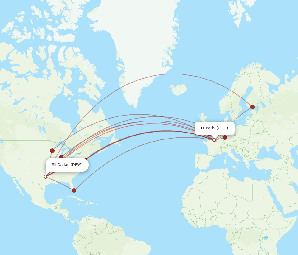 All flight routes from Dallas to Paris, DFW to CDG Flight Routes