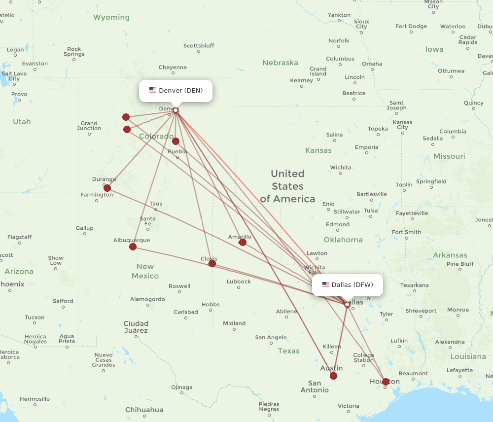 All flight routes from Dallas to Denver, DFW to DEN Flight Routes