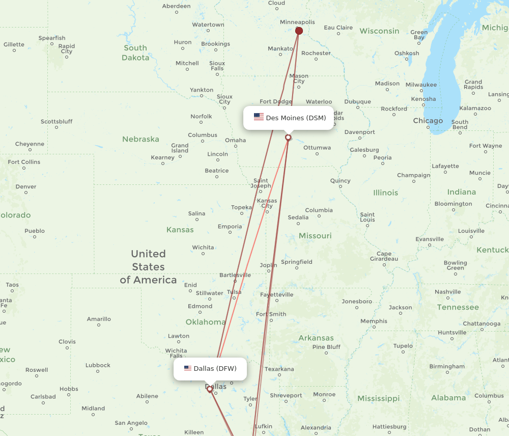 All flight routes from Dallas to Des Moines, DFW to DSM Flight Routes