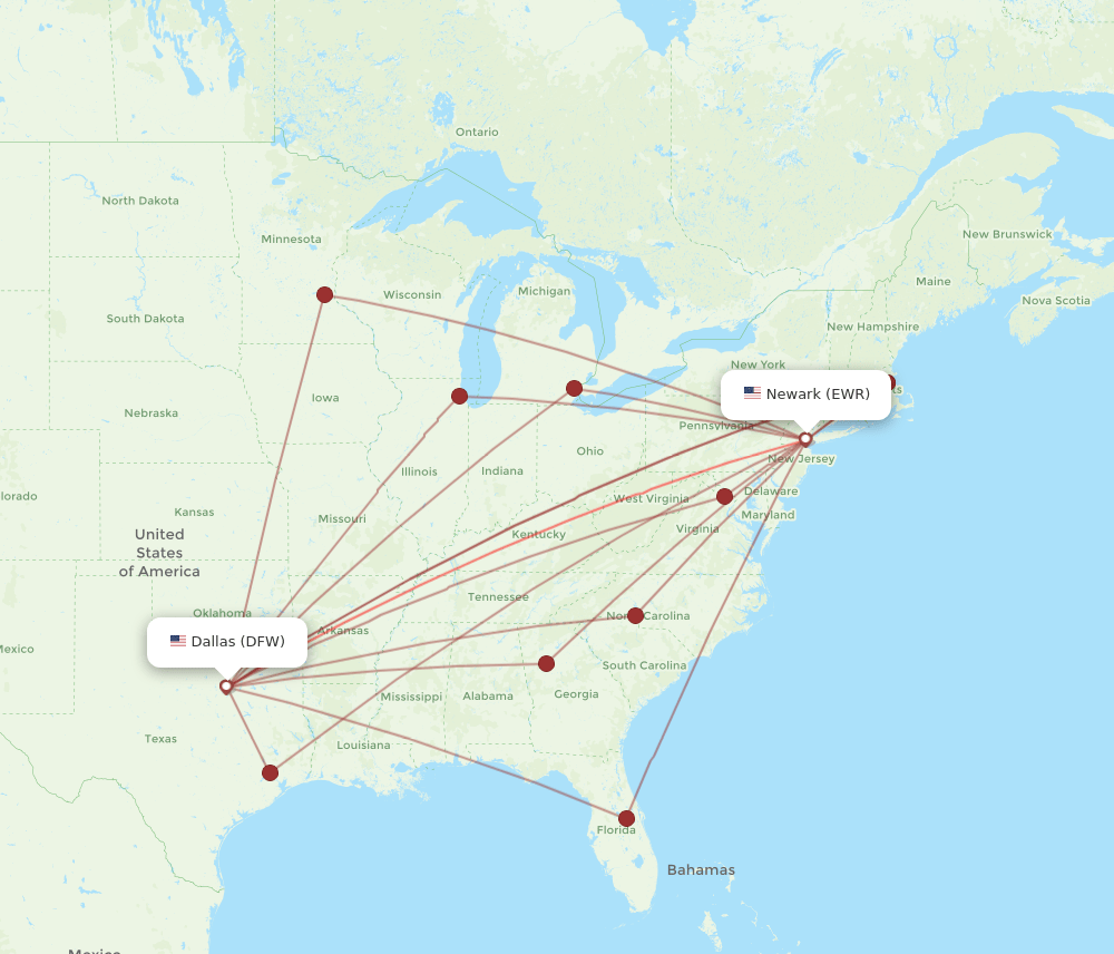 All flight routes from Dallas to New York, DFW to EWR Flight Routes
