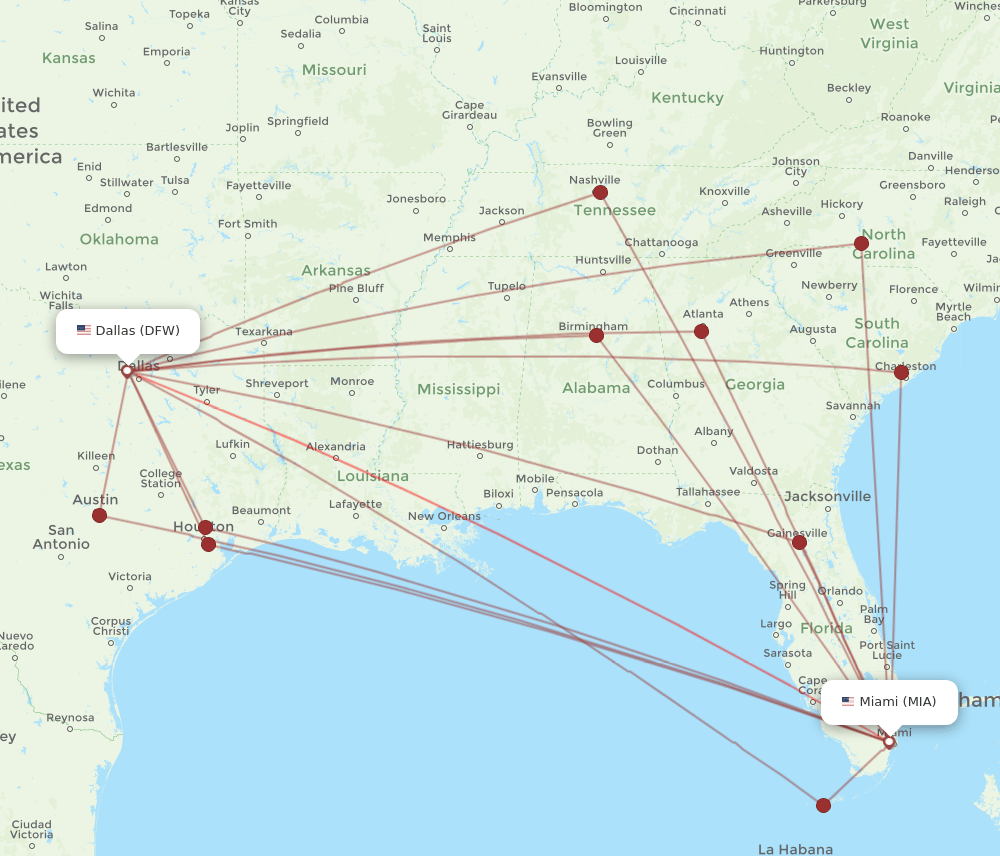 All flight routes from Dallas to Miami, DFW to MIA Flight Routes