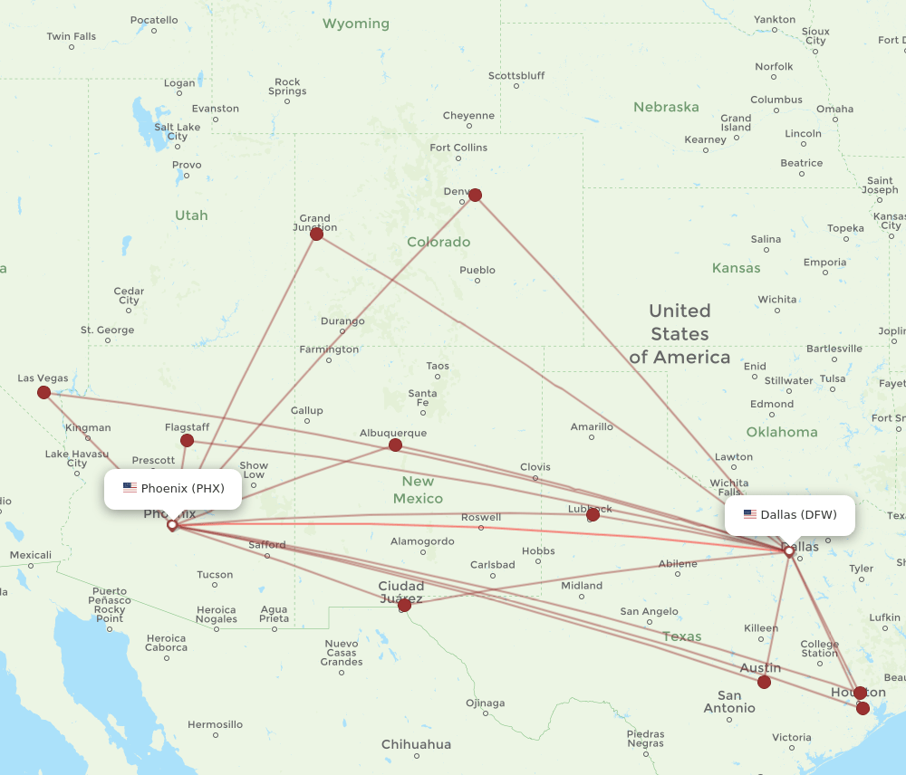 All flight routes from Dallas to Phoenix, DFW to PHX Flight Routes