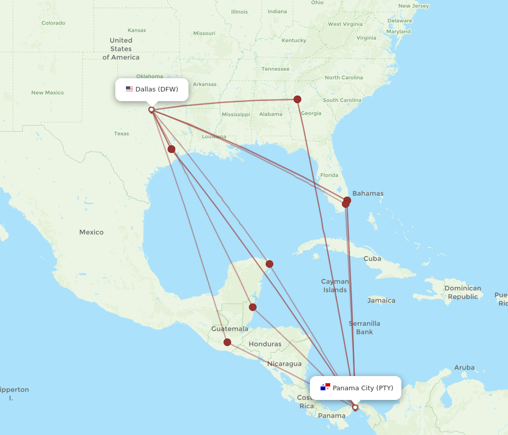 All flight routes from Dallas to Panama City, DFW to PTY Flight Routes