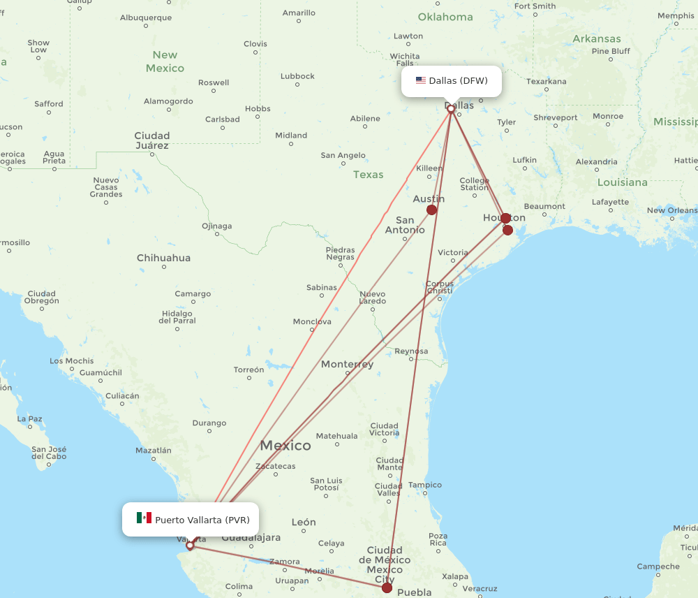 All flight routes from Dallas to Puerto Vallarta, DFW to PVR Flight