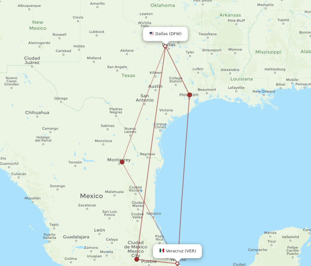 All flight routes from Dallas to Veracruz, DFW to VER Flight Routes