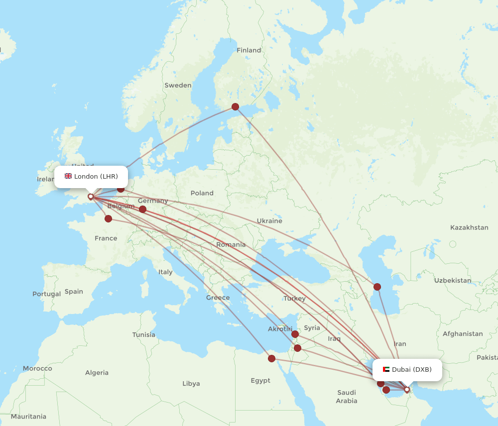 All flight routes from Dubai to London, DXB to LHR Flight Routes