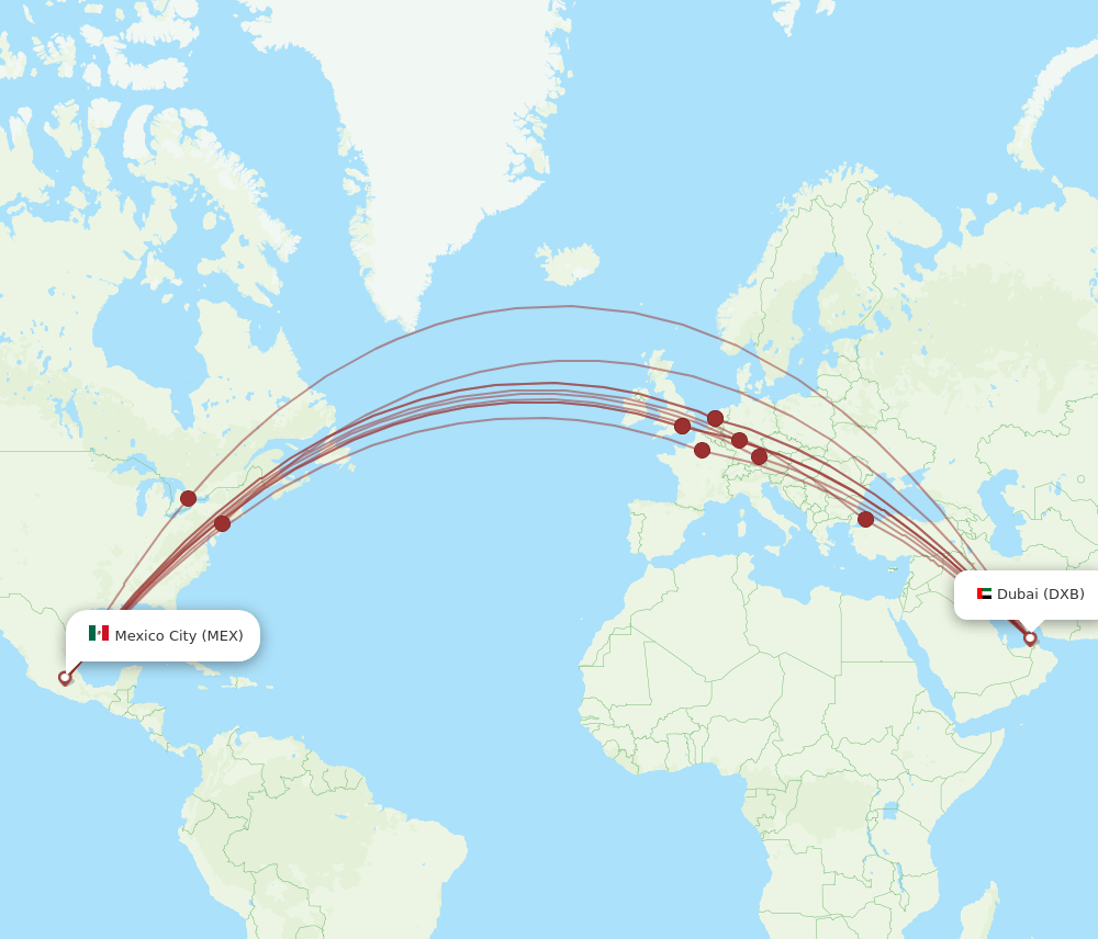 All flight routes from Dubai to Mexico City, DXB to MEX Flight Routes