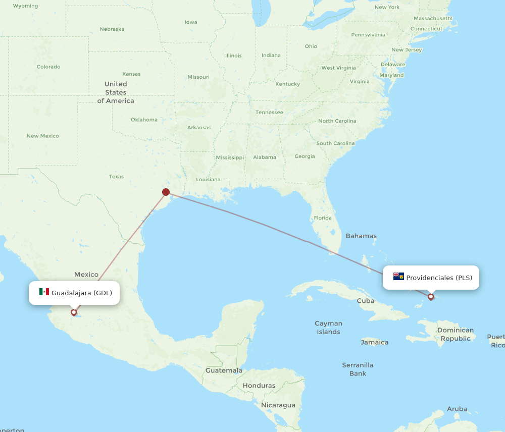 All flight routes from Providenciales to Guadalajara, PLS to GDL