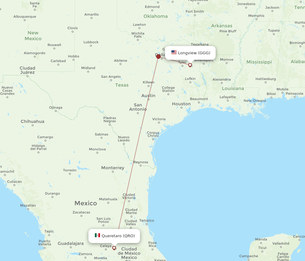 All flight routes from Longview to Queretaro, GGG to QRO Flight Routes