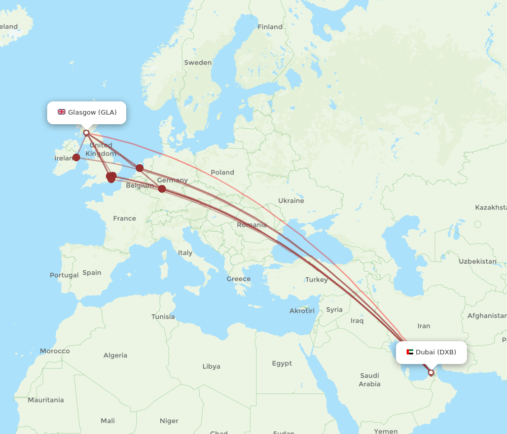 All flight routes from Glasgow to Dubai, GLA to DXB Flight Routes