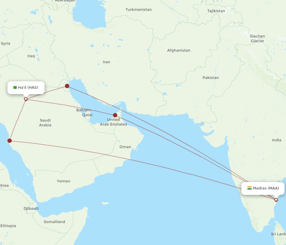 All flight routes from Hail to Chennai, HAS to MAA Flight Routes
