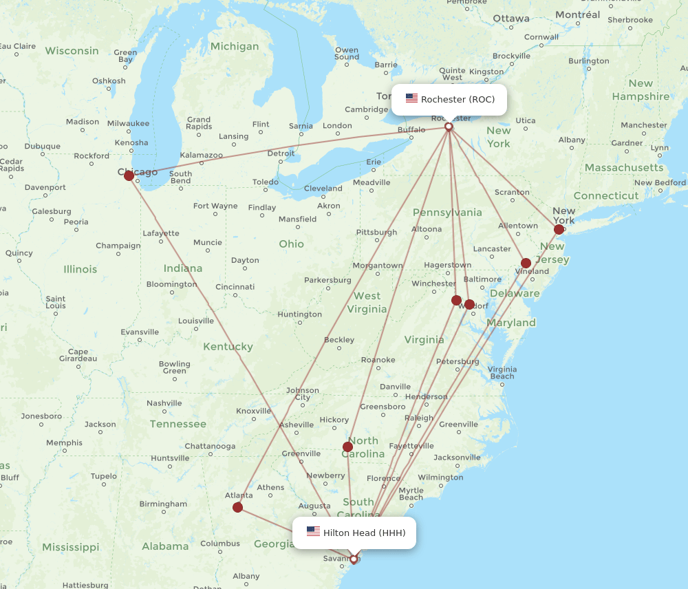 Flights from Hilton Head to Rochester, HHH to ROC Flight Routes