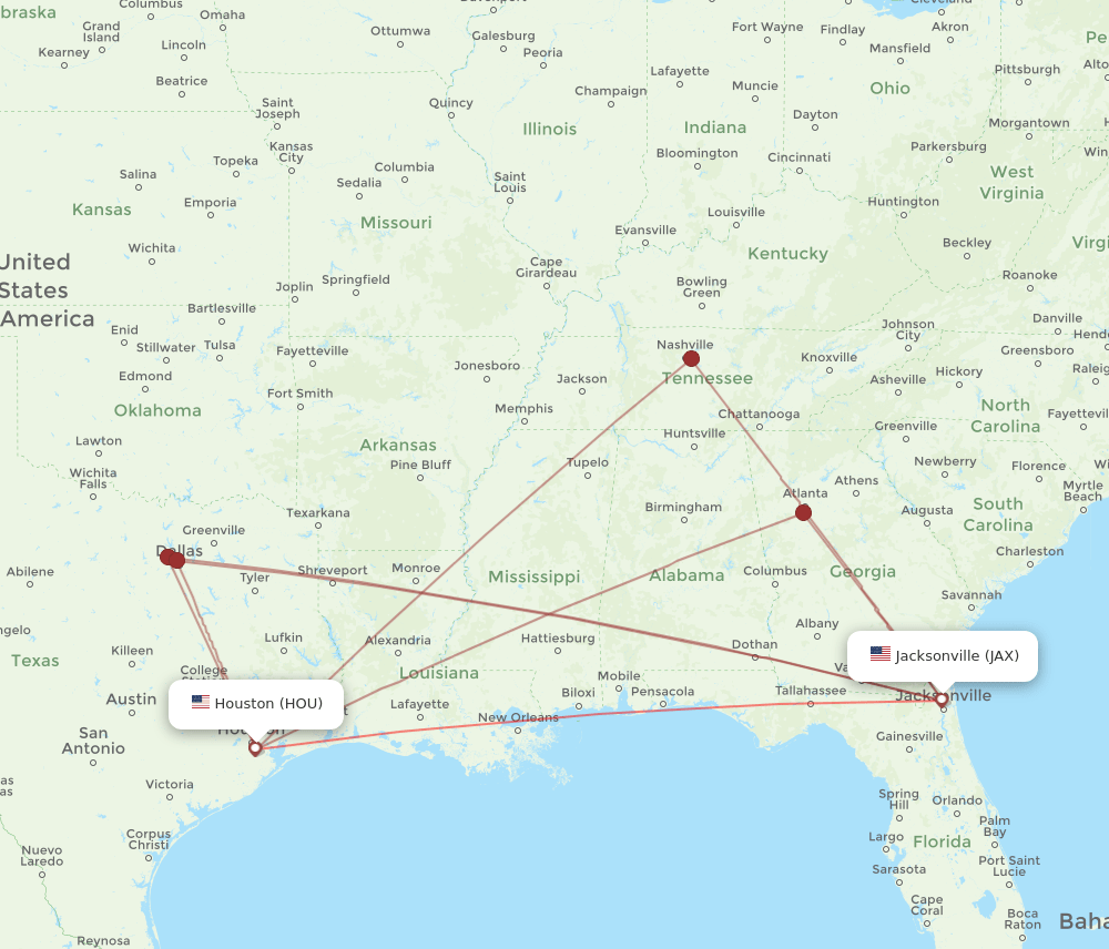 All flight routes from Houston to Jacksonville, HOU to JAX Flight Routes