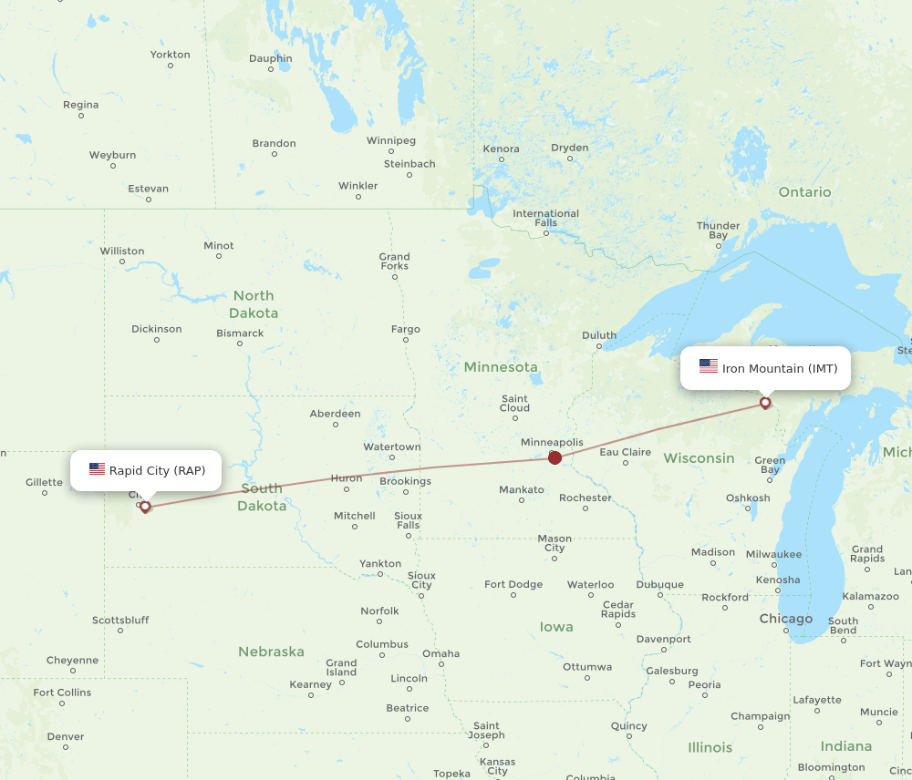 All flight routes from Iron Mountain to Rapid City, IMT to RAP Flight