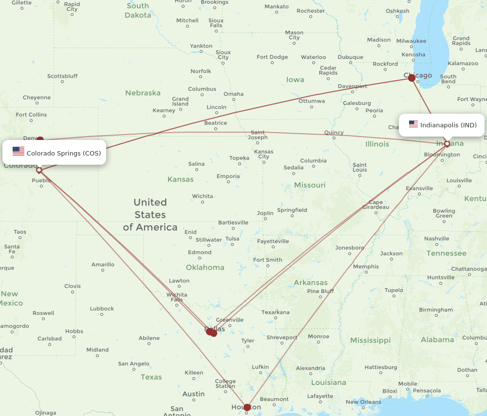 Flights from Indianapolis to Colorado Springs, IND to COS Flight Routes