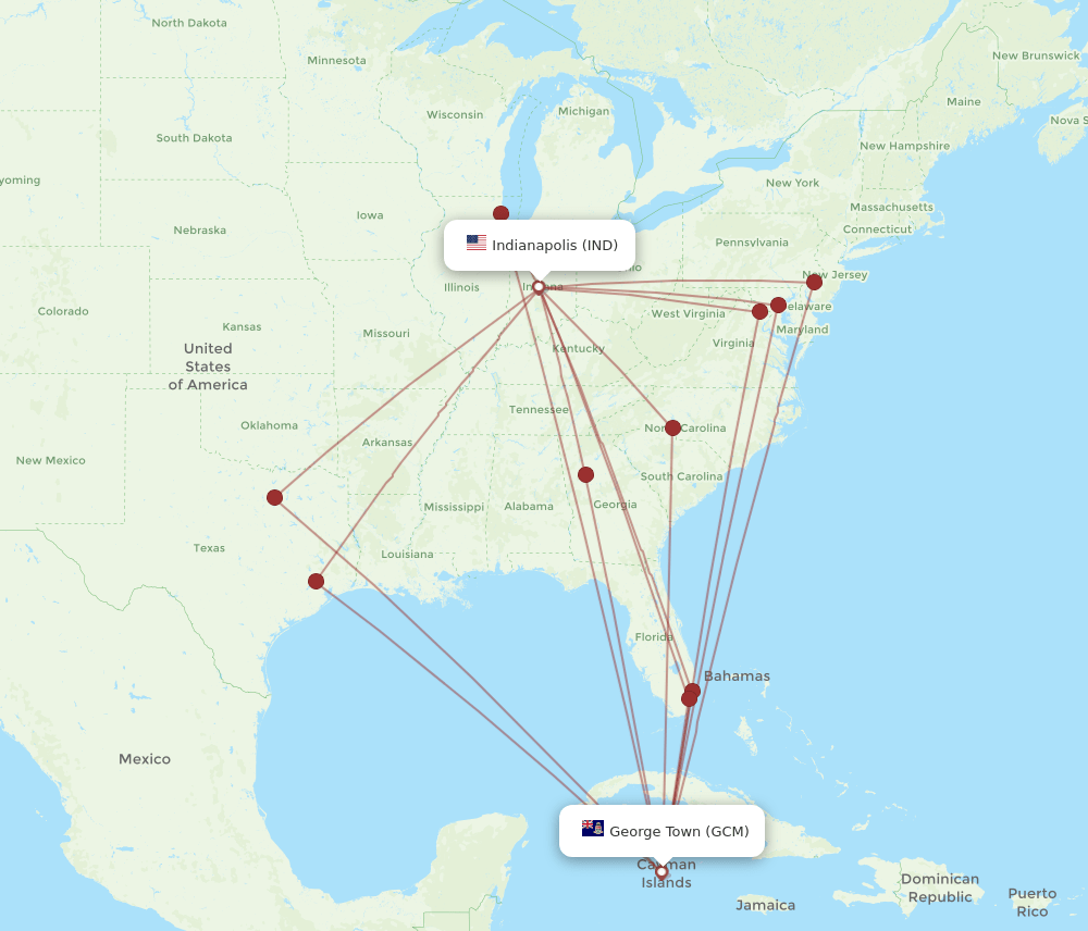 All flight routes from Indianapolis to Grand Cayman Island, IND to GCM