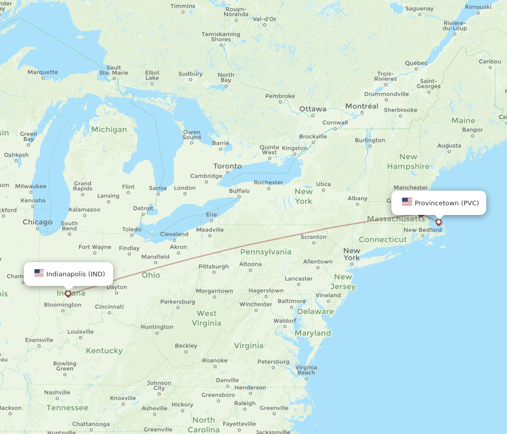 Flights from Indianapolis to Provincetown, IND to PVC Flight Routes