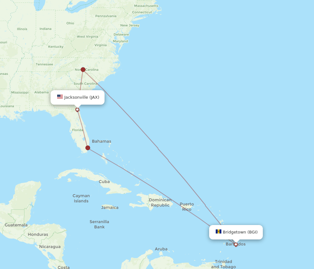 All flight routes from Jacksonville to Bridgetown, JAX to BGI Flight
