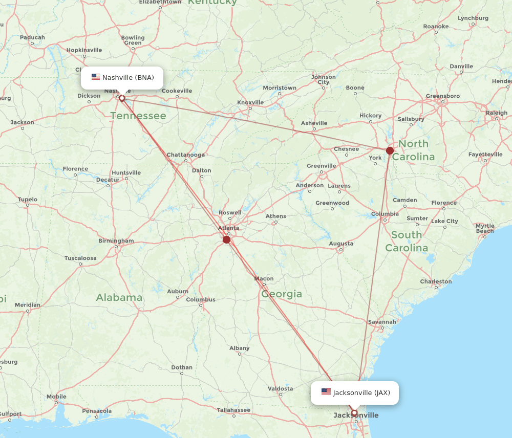 All flight routes from Jacksonville to Nashville, JAX to BNA Flight