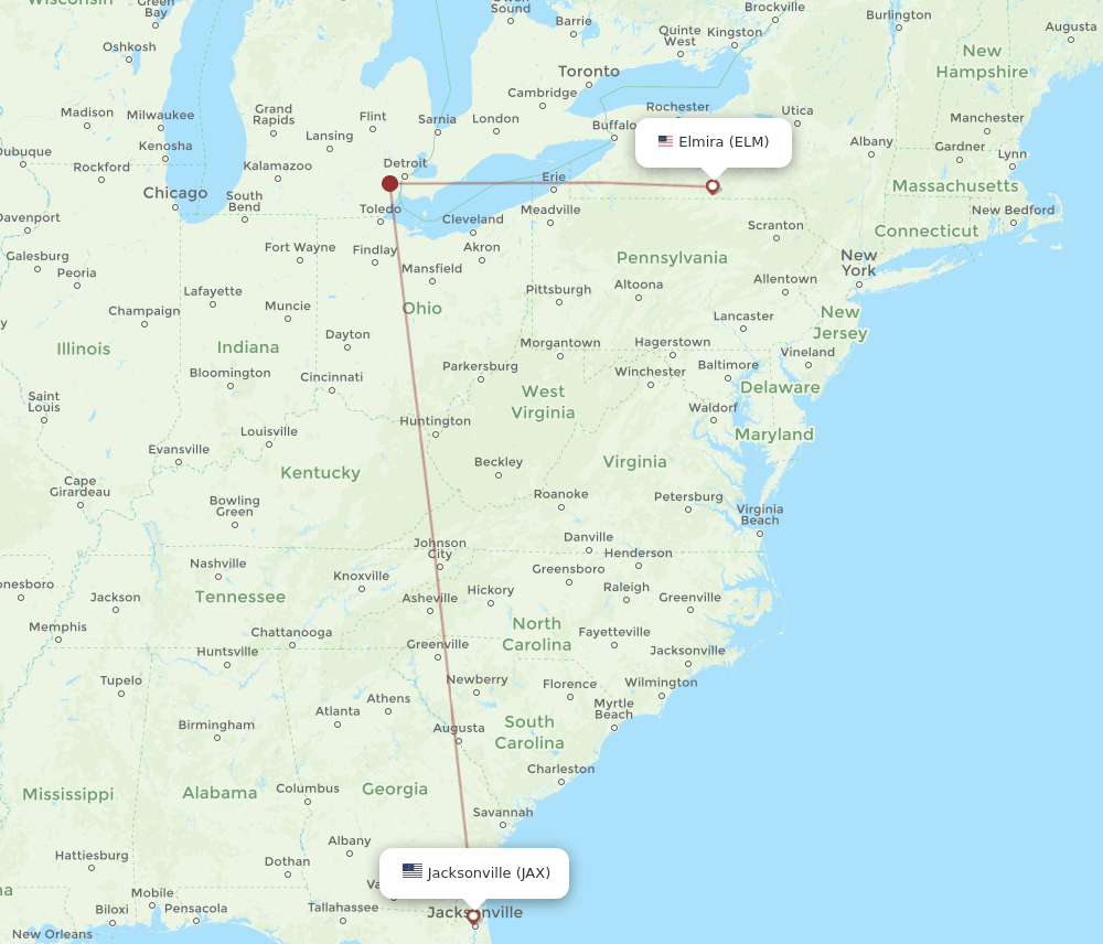 All flight routes from Jacksonville to Elmira, JAX to ELM Flight Routes