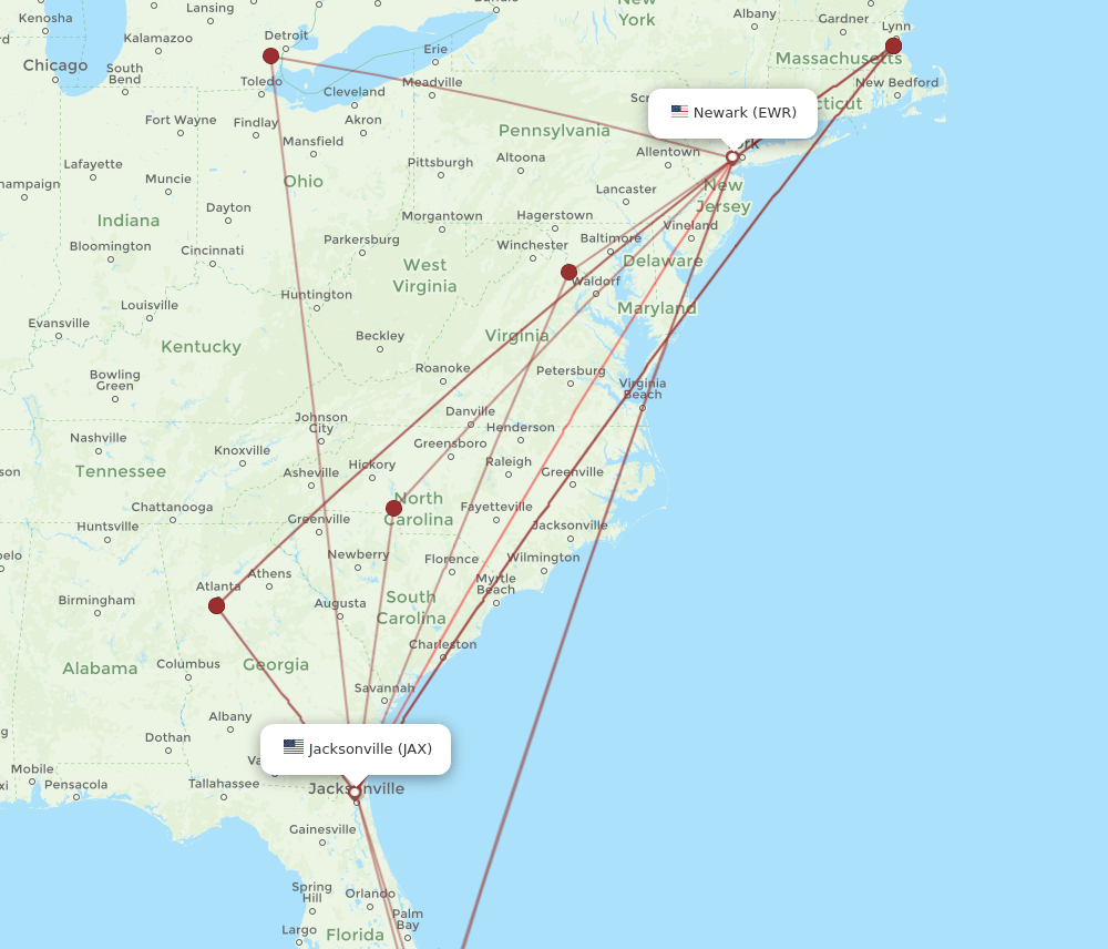 All flight routes from Jacksonville to New York, JAX to EWR Flight Routes