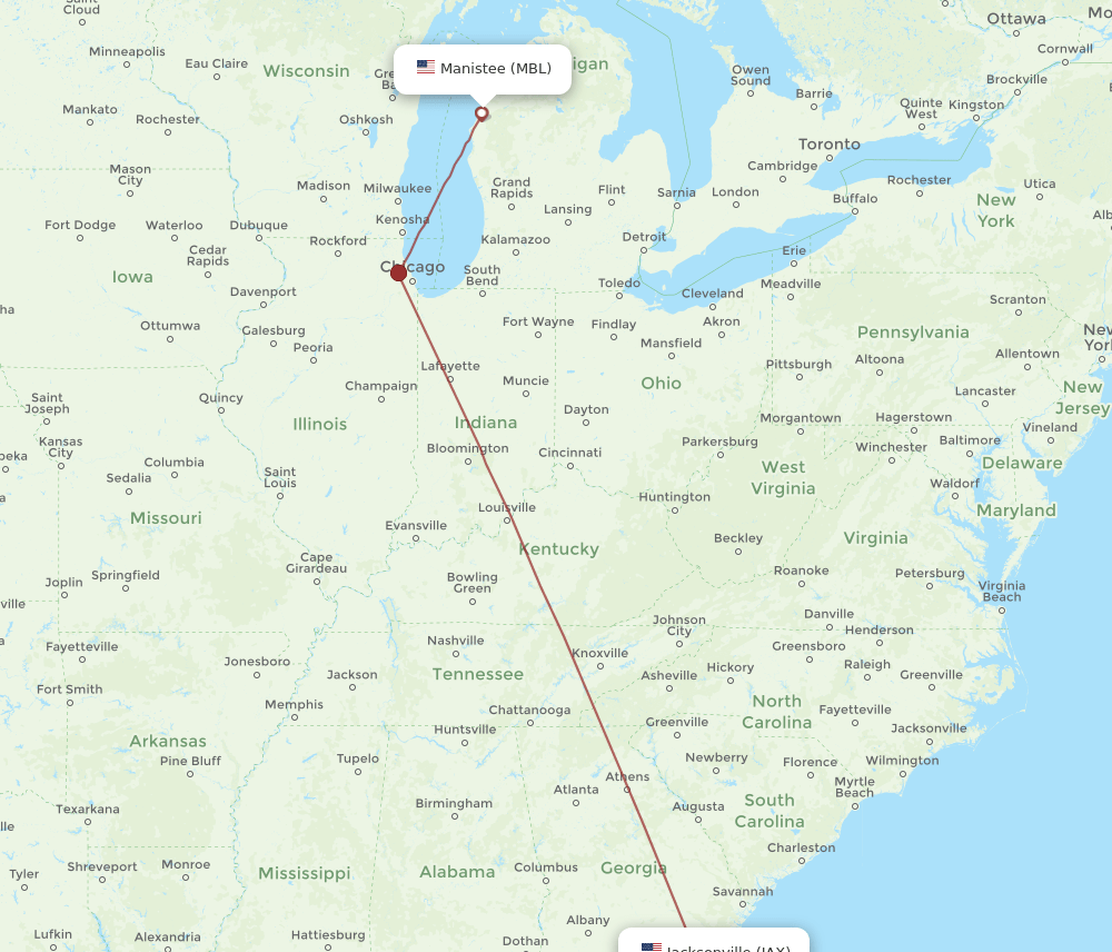 Flights from Jacksonville to Manistee, JAX to MBL Flight Routes