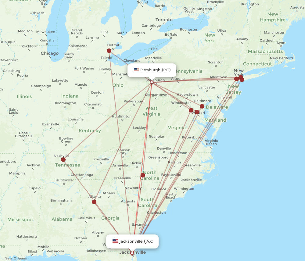 All flight routes from Jacksonville to Pittsburgh, JAX to PIT Flight