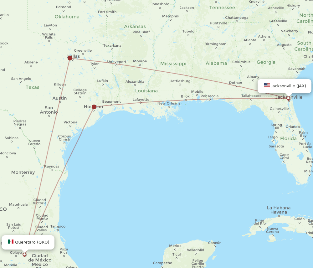 All flight routes from Jacksonville to Queretaro, JAX to QRO Flight