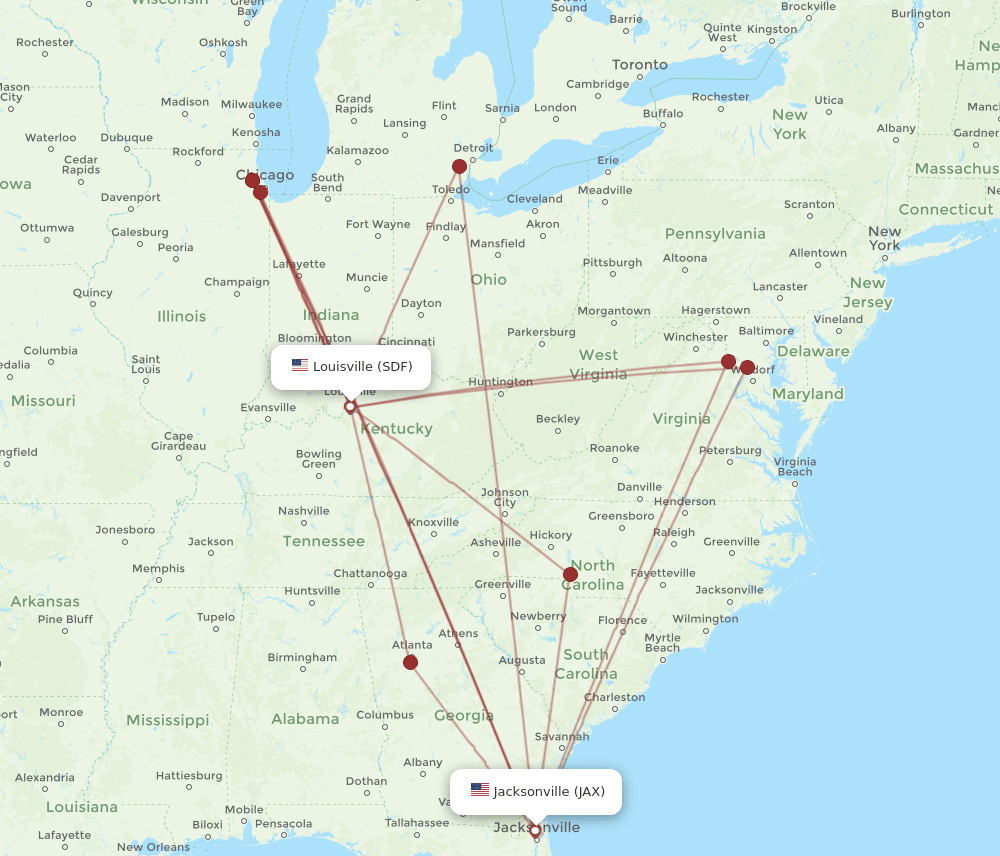All flight routes from Jacksonville to Louisville, JAX to SDF Flight