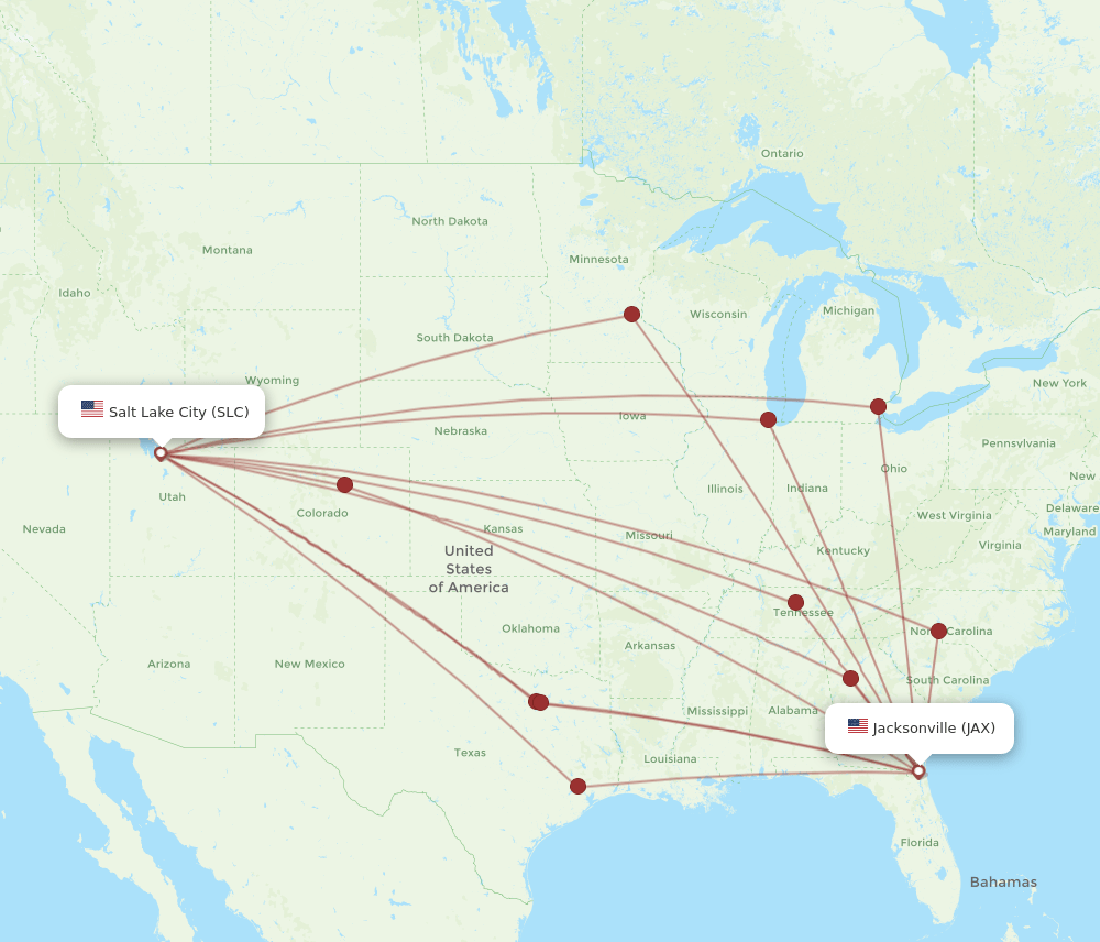 All flight routes from Jacksonville to Salt Lake City, JAX to SLC