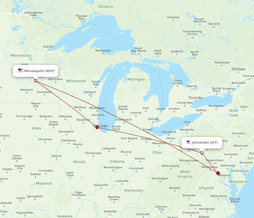 Flights from Johnstown to Minneapolis, JST to MSP Flight Routes